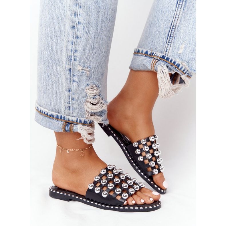 PS1 Hausschuhe aus durchbrochenem Leder mit Strasssteinen Schwarz Alana 2