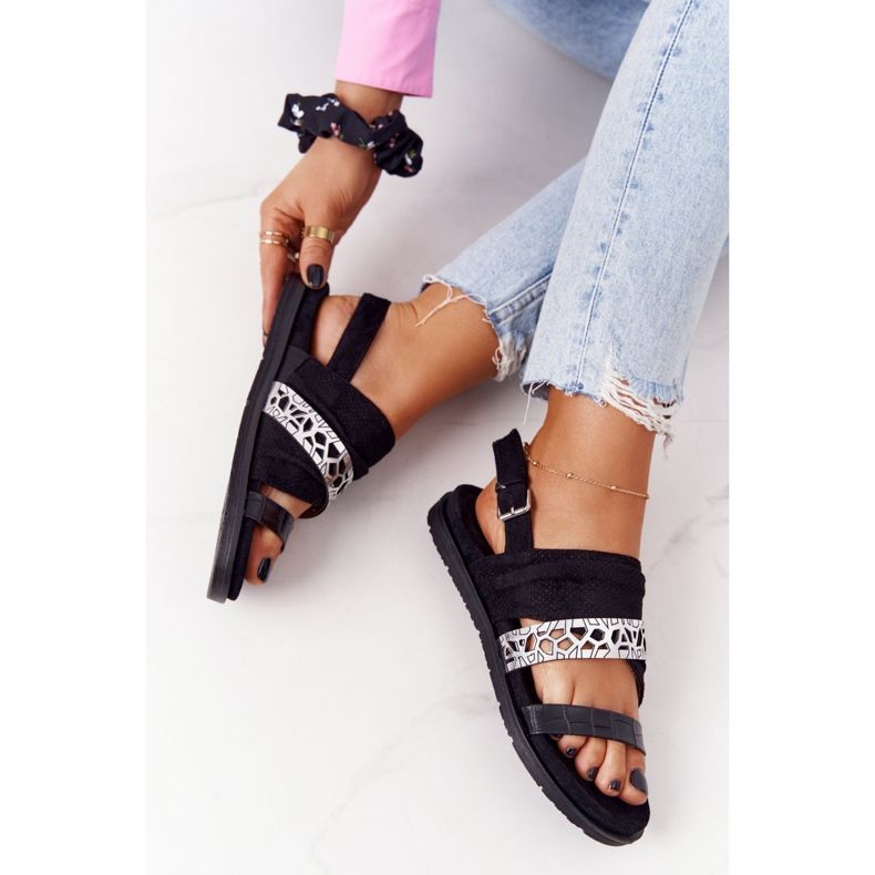 EVE Damen Wildleder Sandalen Schwarz und Silber Asturias 1