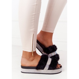 PS1 Schwarze Hausschuhe auf der Plattform mit Fell und Zirkonia Impress 2