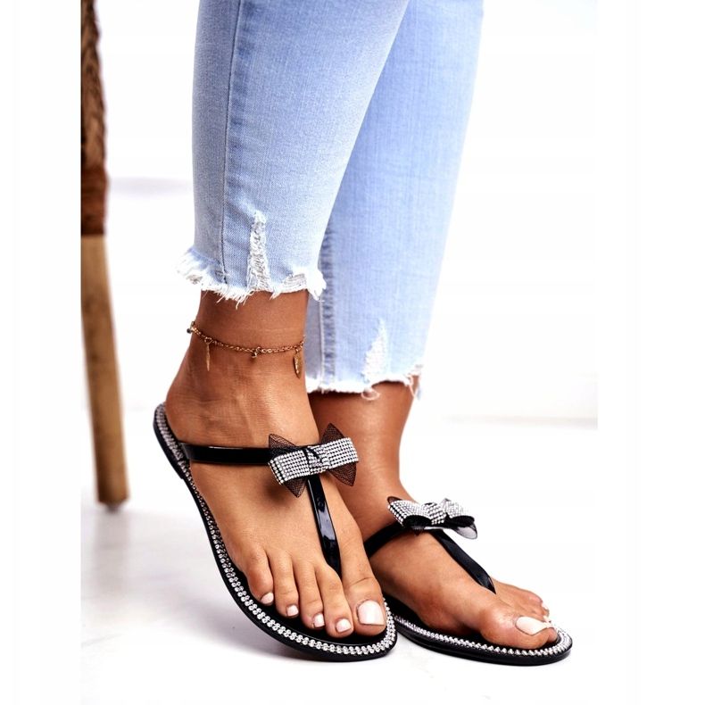 LU BOO Damen Gummi Hausschuhe Schwarz Flip-Flops Strass Lou 1