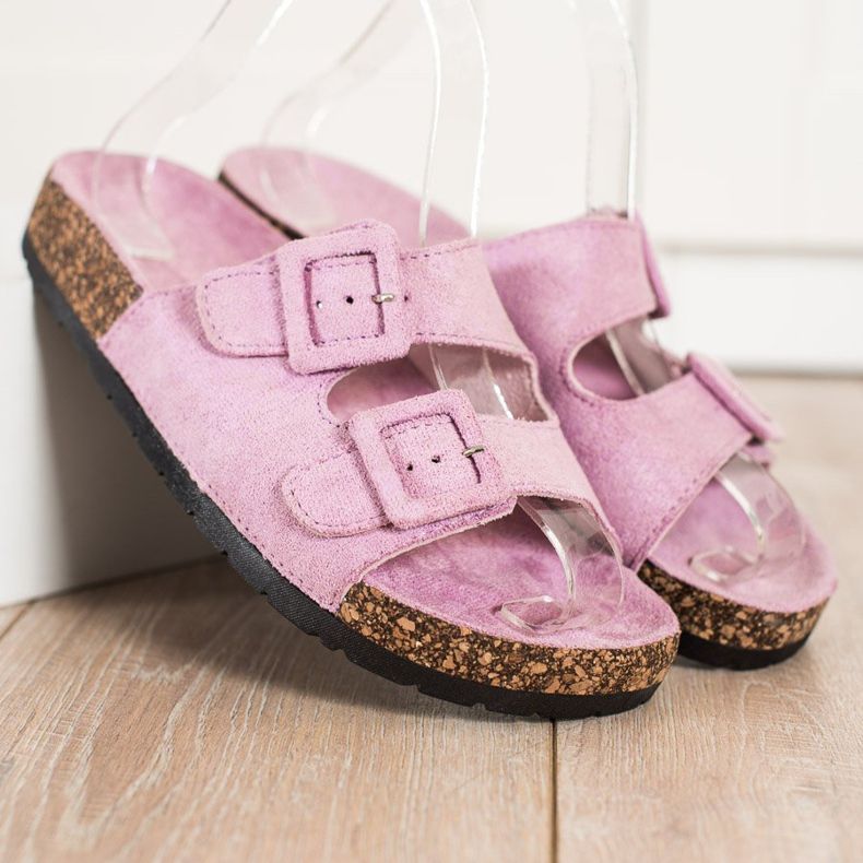 SHELOVET Bequeme Hausschuhe mit Schnallen lila rosa 1