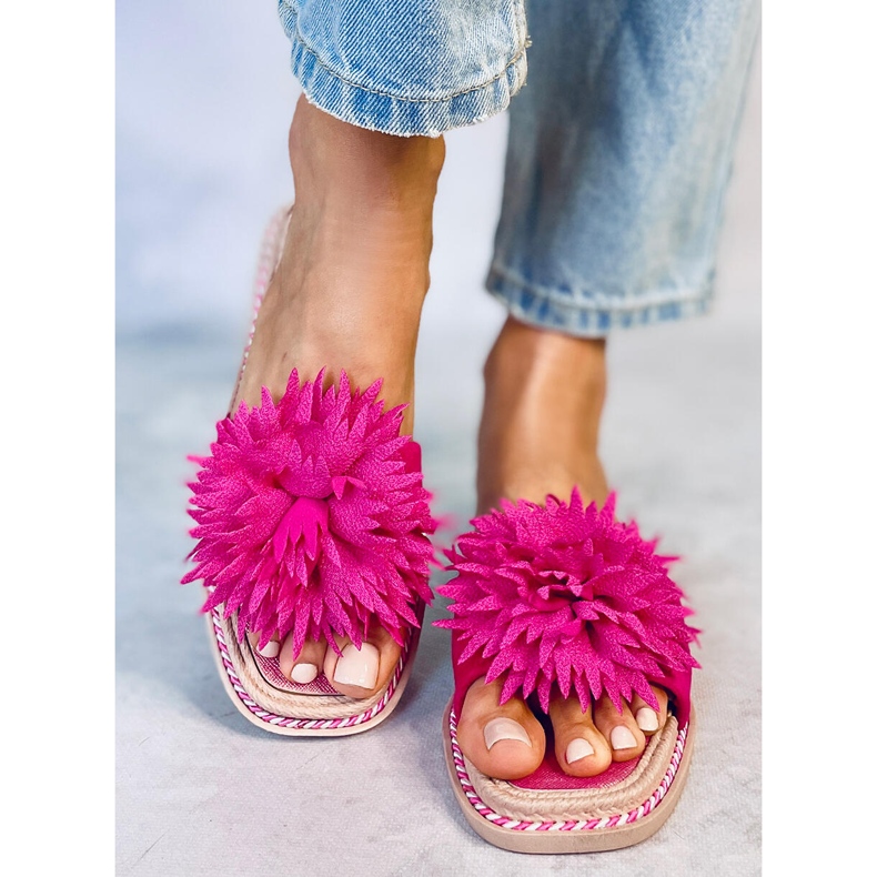 Hausschuhe mit Fuchsienblüten 35-218 Pflaumenrot rosa 1