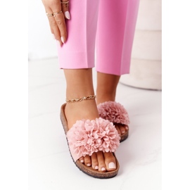 Rosa Flowerbomb Hausschuhe auf der Korksohle 1