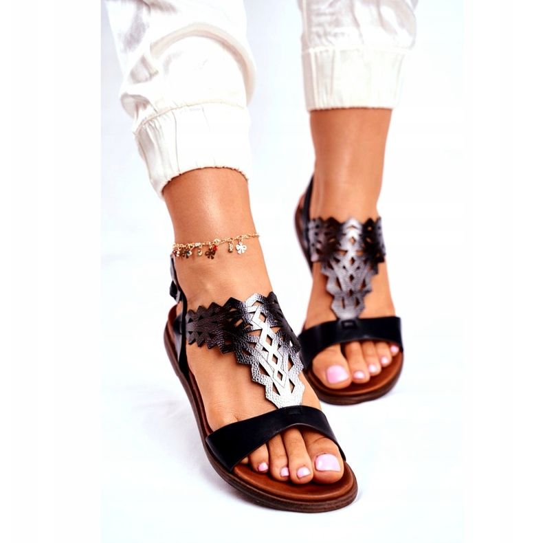 Damen Sandalen Flach Sergio Leone Schwarz SK035 silber- 2