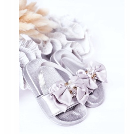 FRROCK Kinder-Pantoffeln für Mädchen mit Schleife Pearl Silver Senari grau 1