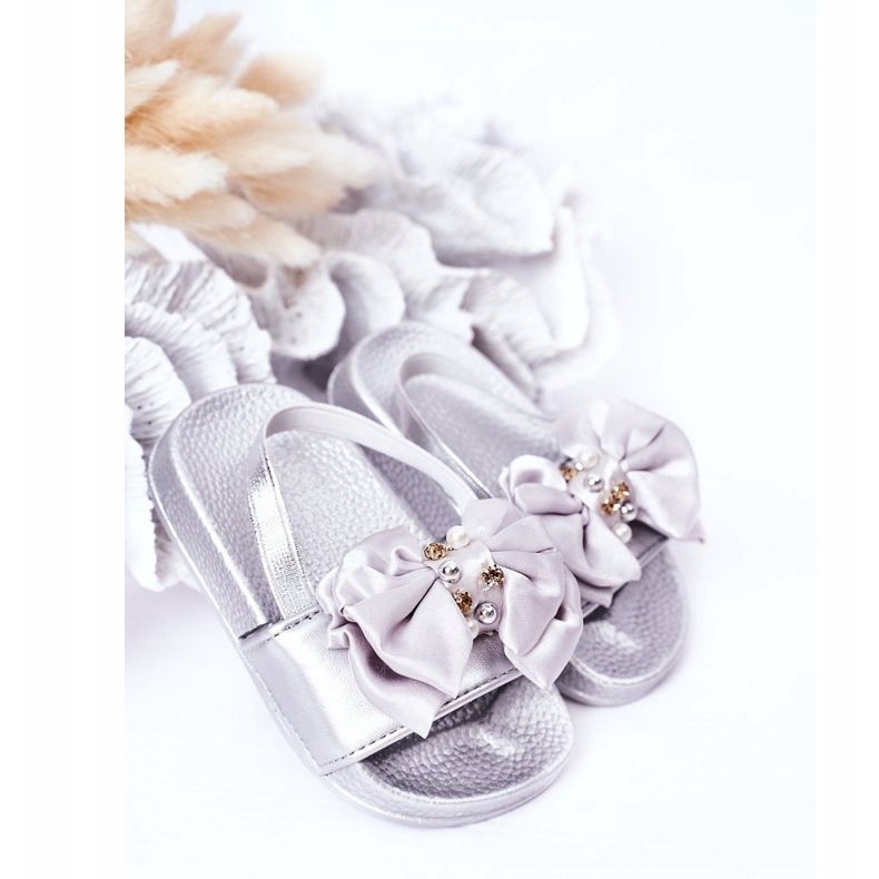 FRROCK Kinder-Pantoffeln für Mädchen mit Schleife Pearl Silver Senari grau 1
