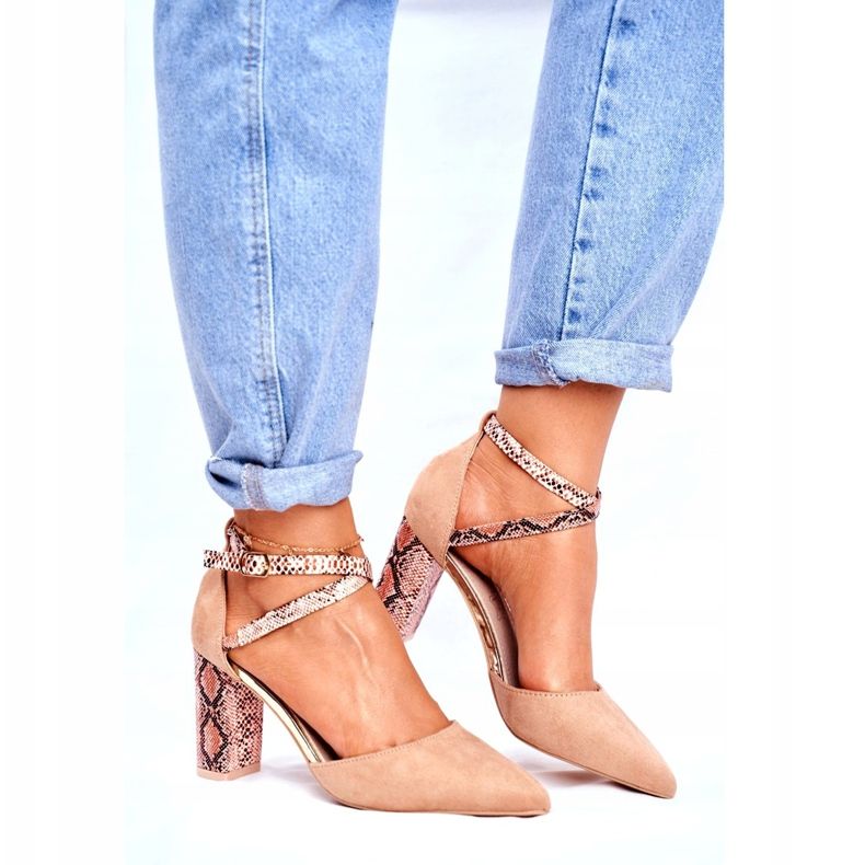 S.Barski Damen Pumps mit Absatz Schlange Beige Together braun 2