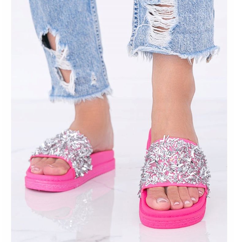 Love Bling pinke Neon Hausschuhe mit Zirkonia rosa 1