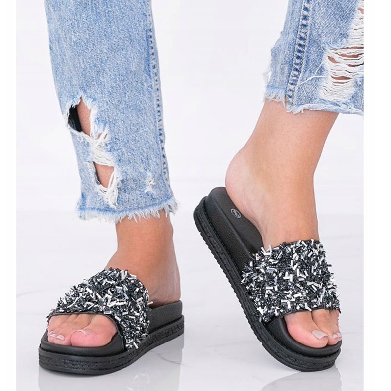 Schwarze Hausschuhe mit Zirkonia Love Bling 1