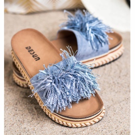 SHELOVET Modische Hausschuhe mit Fransen blau 2