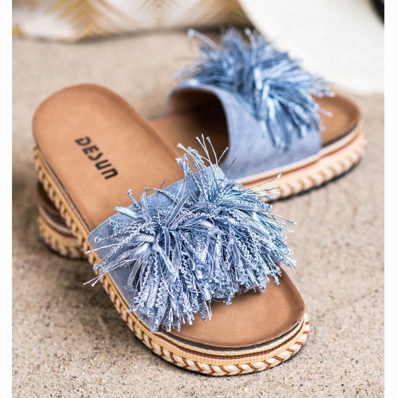 SHELOVET Modische Hausschuhe mit Fransen blau 2