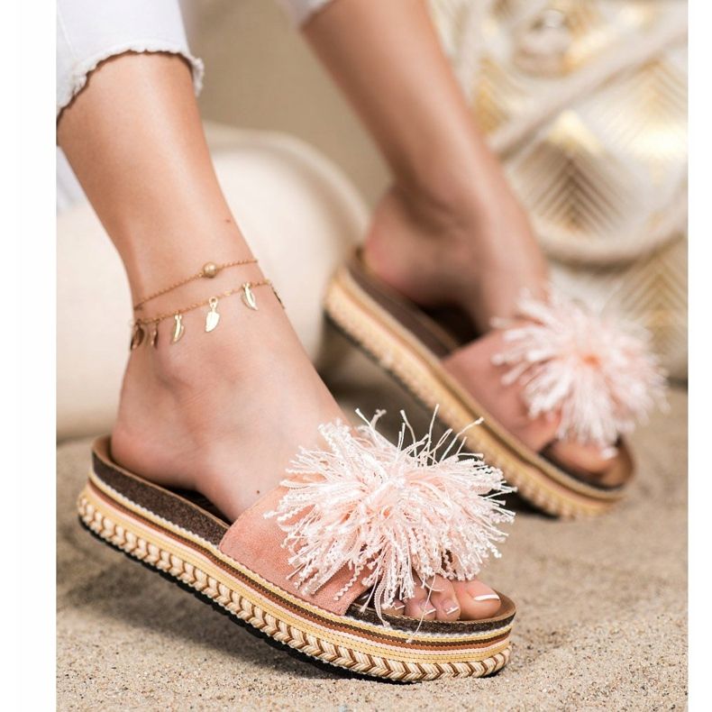 SHELOVET Modische Hausschuhe mit Fransen rosa 1