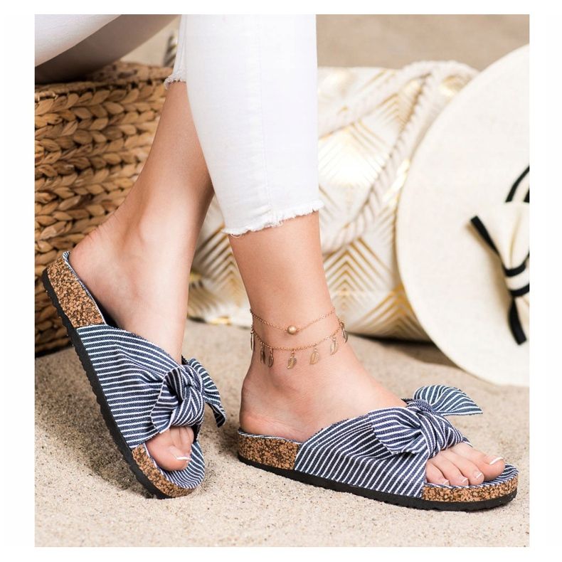 Bona Hausschuhe mit gestreifter Schleife weiß blau 2