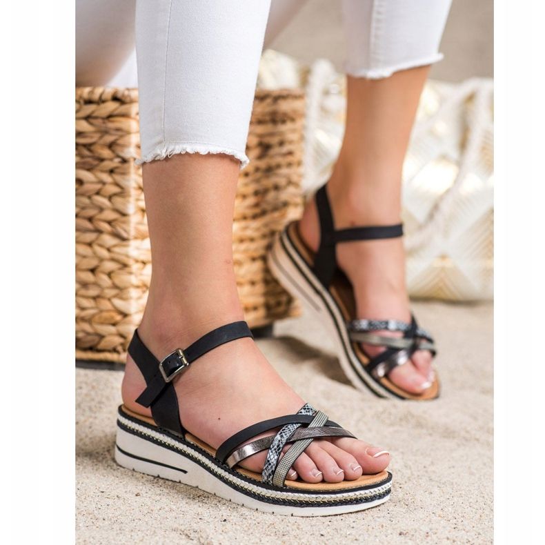 Groto Gogo Modische Sandalen auf niedrigem Keil schwarz grau 1