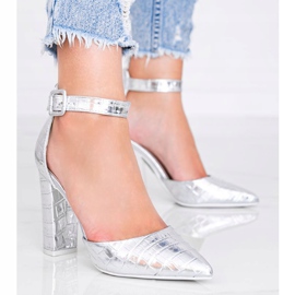 Silberne Pumps am Pfosten im Glamour-Krokodilleder-Muster silber- 1