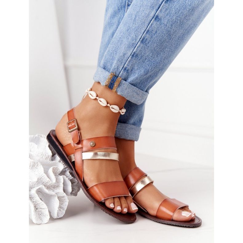 PE1 Flache Damensandalen, braun und gold Doris golden 2