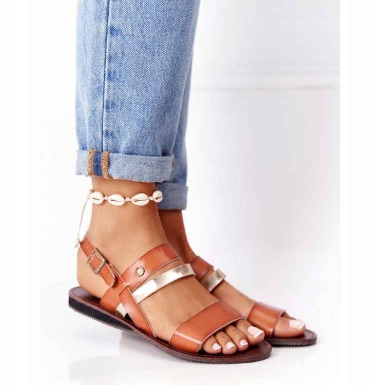 PE1 Flache Damensandalen, braun und gold Doris golden 1