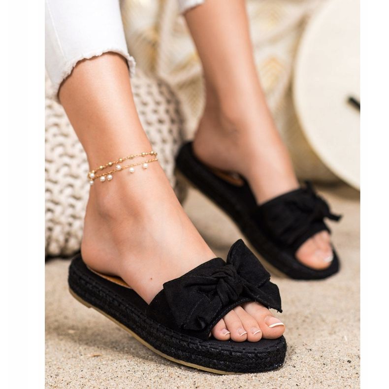 Coura Espadrilles Hausschuhe mit Schleife schwarz 1