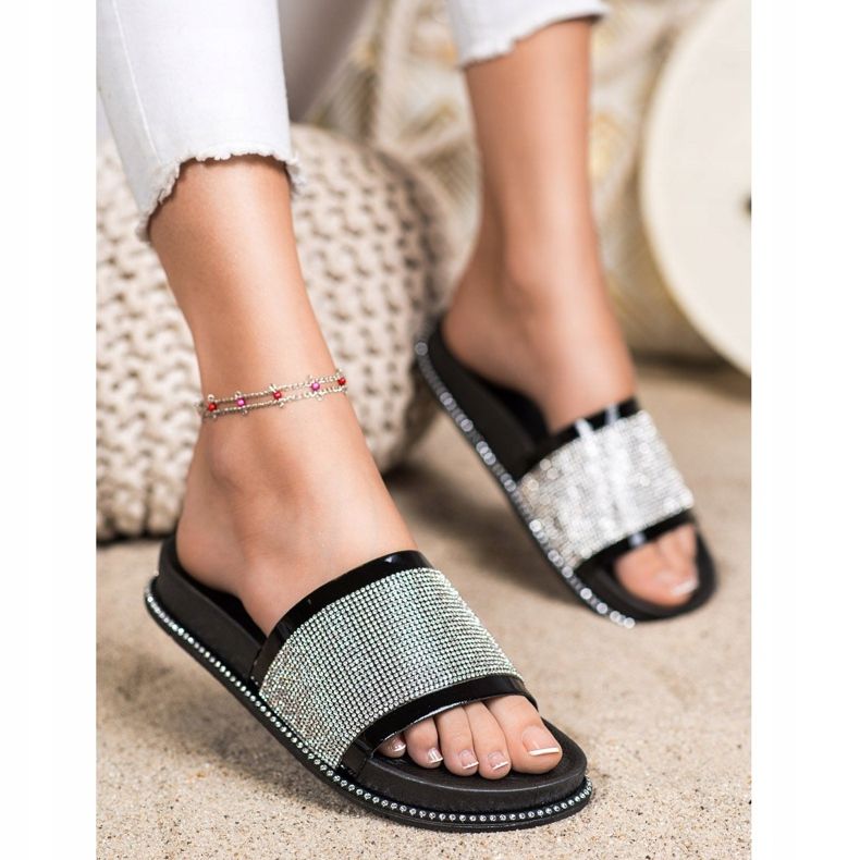 SHELOVET Glänzende schwarze Hausschuhe 1