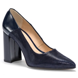 Marco Shoes Marineblaue Pumps aus poliertem Sämischleder mit lackiertem Absatz 2