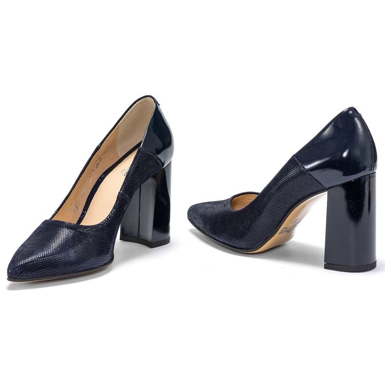 Marco Shoes Marineblaue Pumps aus poliertem Sämischleder mit lackiertem Absatz 1