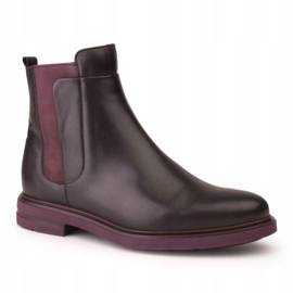 Marco Shoes Leichte Stiefeletten mit flachem Boden aus schwarzem Narbenleder mit violettem Einsatz 1