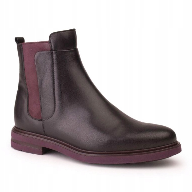 Marco Shoes Leichte Stiefeletten mit flachem Boden aus schwarzem Narbenleder mit violettem Einsatz 1