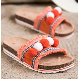 SHELOVET Modische Hausschuhe mit Bommeln orange 1