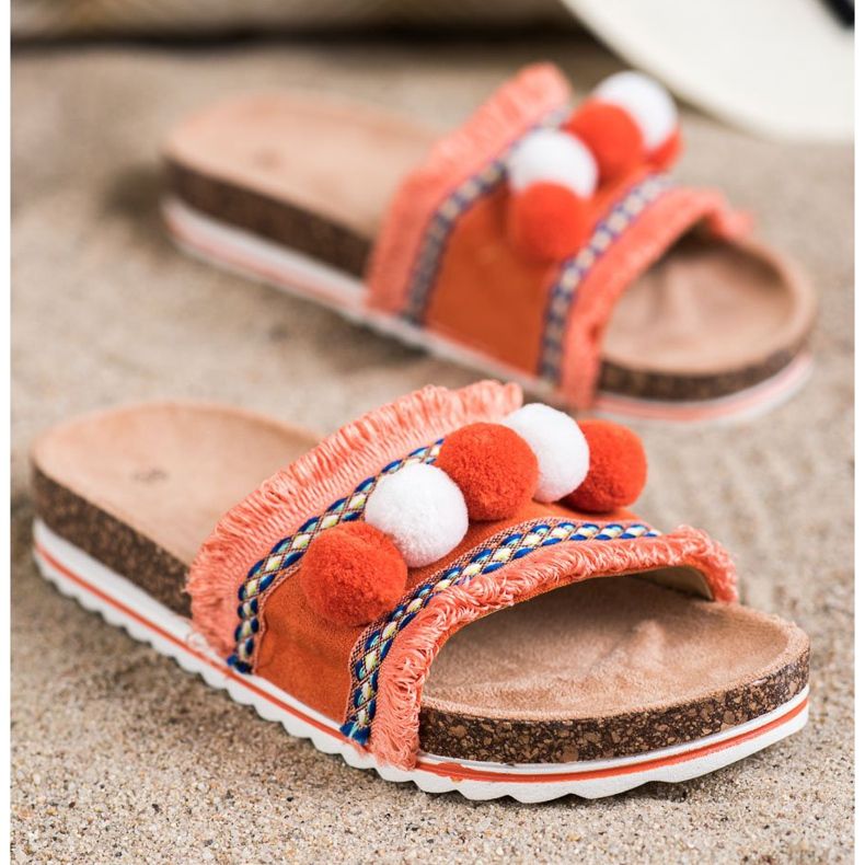 SHELOVET Modische Hausschuhe mit Bommeln orange 1
