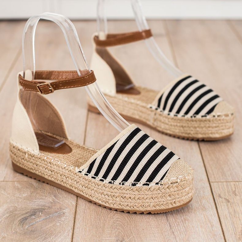 Clowse Gestreifte Espadrilles mit Schnalle beige braun schwarz 1