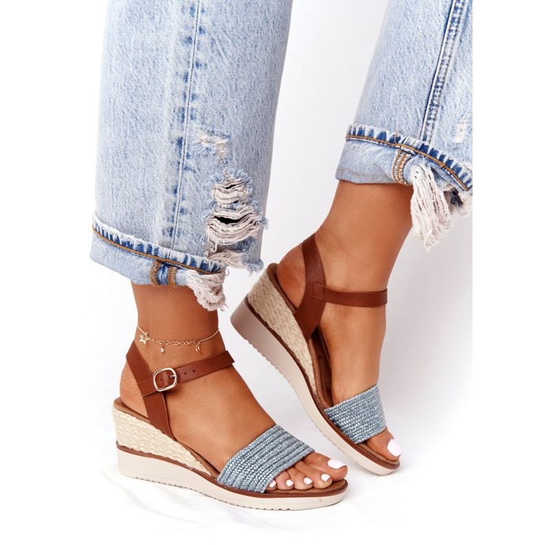 EVE Sandalen mit Keilabsatz Blau geflochten Teneriffa braun 3