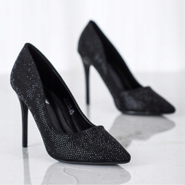 SHELOVET Schwarze High Heels mit Kristallen 1