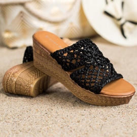 Laura Mode Durchbrochene Keilpantoffeln schwarz 1