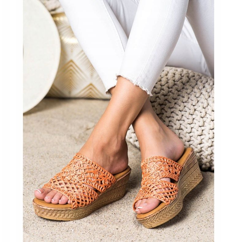 Laura Mode Durchbrochene Keilpantoffeln orange 2