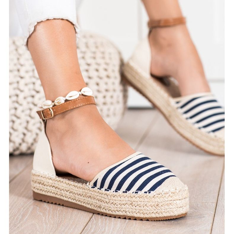 Clowse Gestreifte Espadrilles mit Schnalle beige blau 1