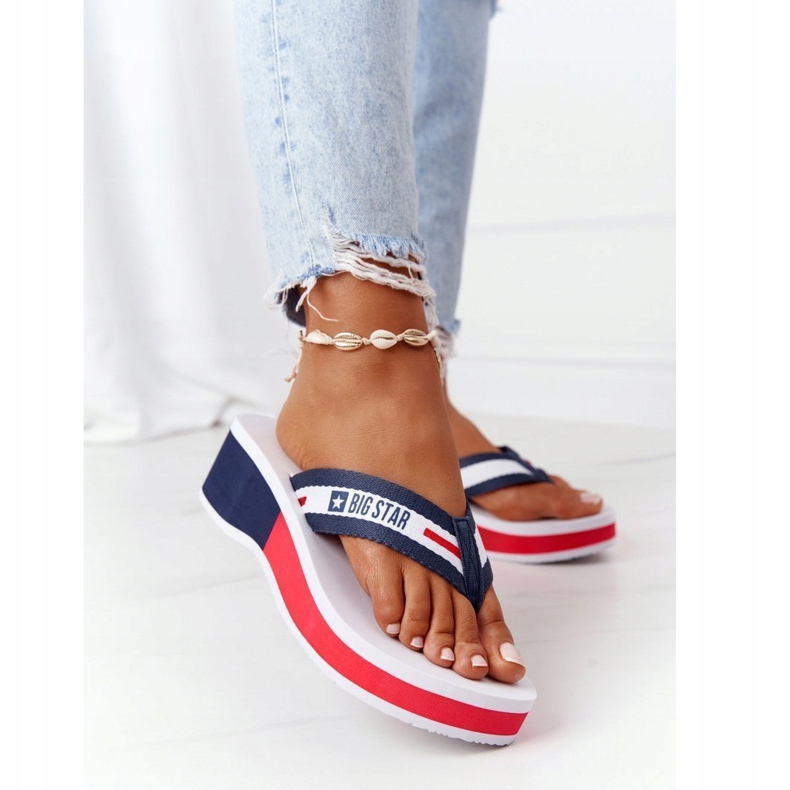 Damen Flip-Flops auf dem Keil Big Star HH274A093 Weiß navy blau 1