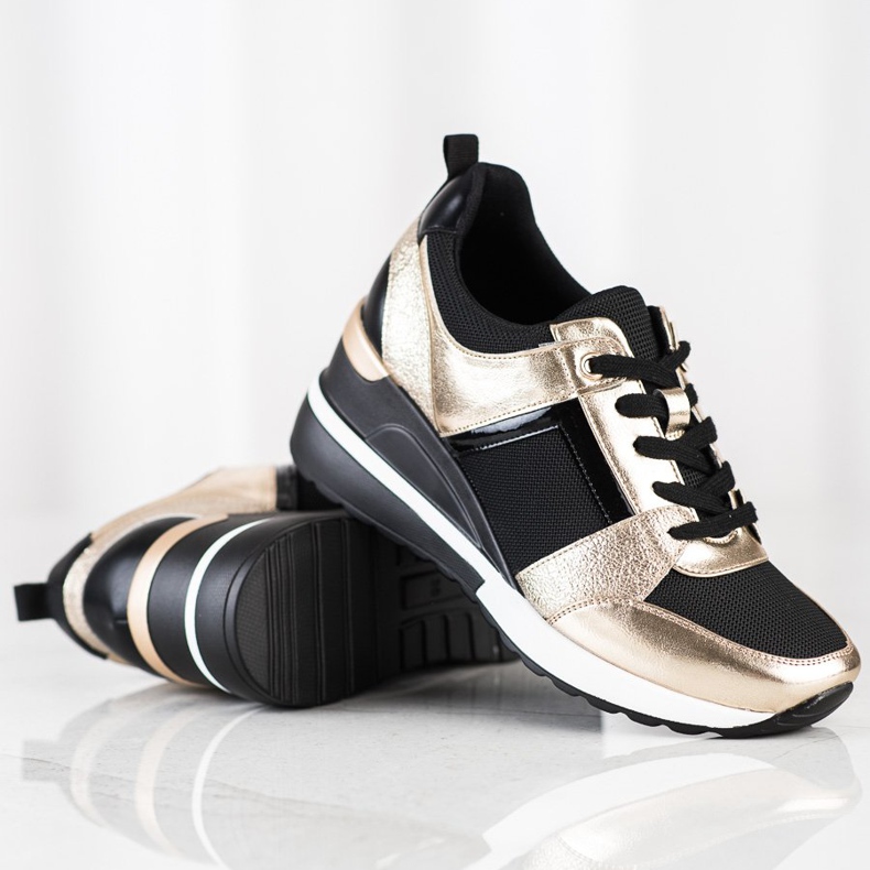W. Potocki Stylische Sneaker mit Keilabsatz schwarz golden 1