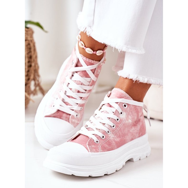 FJ1 Hohe rosa Sneakers auf großer Sohle mit Batik-Trissy-Effekt weiß 1