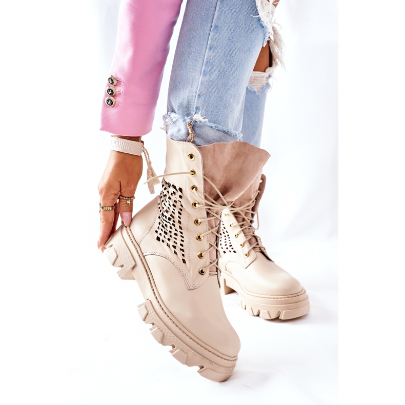 PA2 Durchbrochene Lederstiefel für Damen Beige Small Hootie 2
