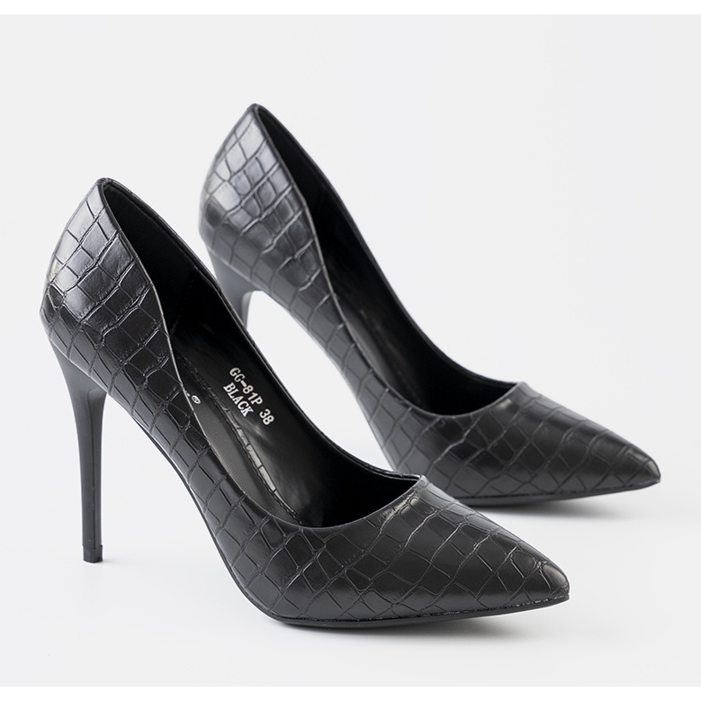 Schwarze Stilettos aus Krokodilleder in Ebenholz 1
