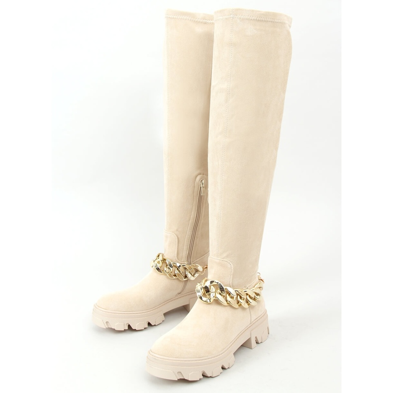Overknee-Stiefel mit dicker Sohle ML174 Mikrofaser Beige 1