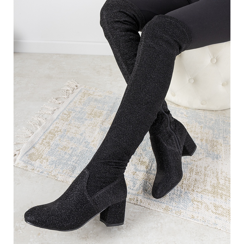 Schwarze glänzende Stiefel über dem Knie von Uta silber- 1