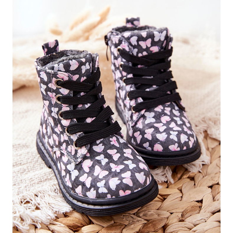 PE1 Mit grauer Wolle gewärmte Lederstiefel mit Amy Butterflies 1