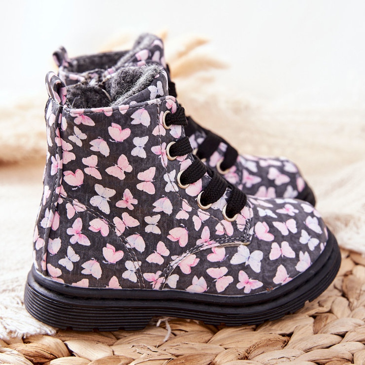 PE1 Mit grauer Wolle gewärmte Lederstiefel mit Amy Butterflies 2