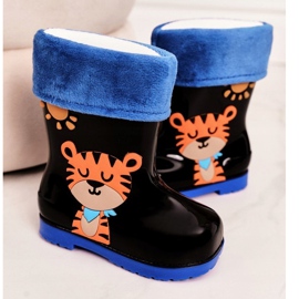 Schwarze warme Regenstiefel für Kinder mit einem Tiger blau orange 3