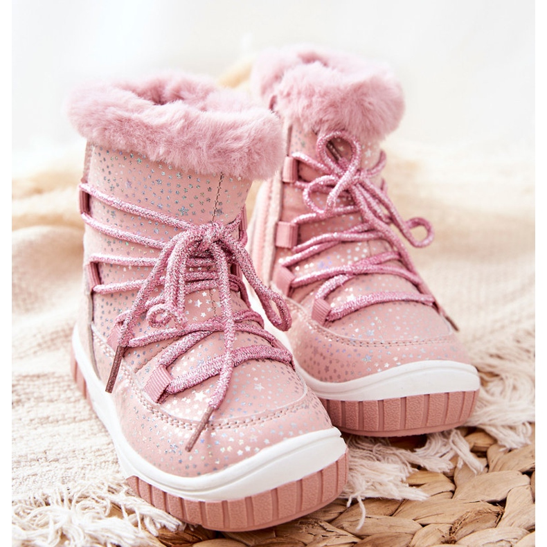 PE1 Warme Schneestiefel mit Fellrosa Sternen 2
