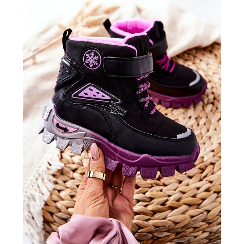 PJ2 Warme Kinder-Schneestiefel mit Klettverschluss Schwarz-Rosa Tannis 2