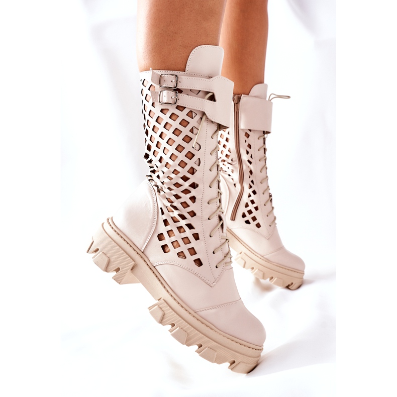 PA2 Durchbrochene Lederstiefel für Damen Trappers Beige Hootie 5