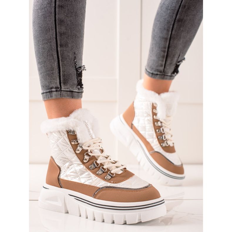 TRENDI Warme Schneeschuhe auf der Plattform weiß braun 1