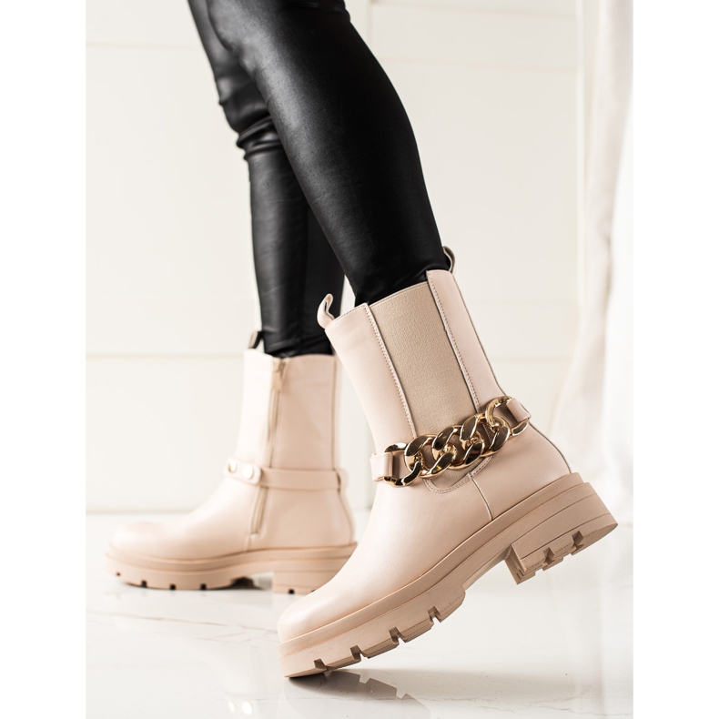 TRENDI Hohe Stiefel mit Kette beige 2